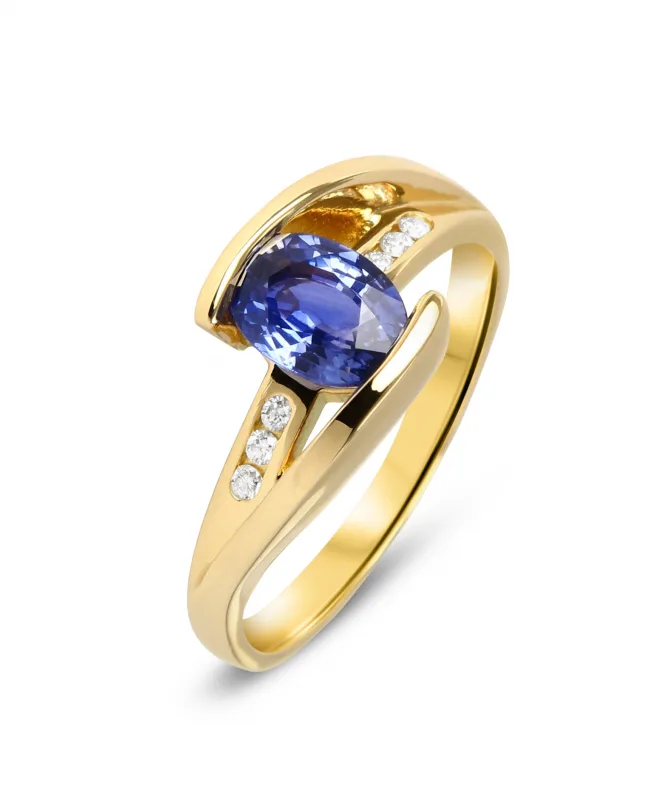 Bague Saphir Bleu Ovale 7x5mm et Diamants en Or Jaune 750 pour femme - Bijoux Trabbia Vuillermoz